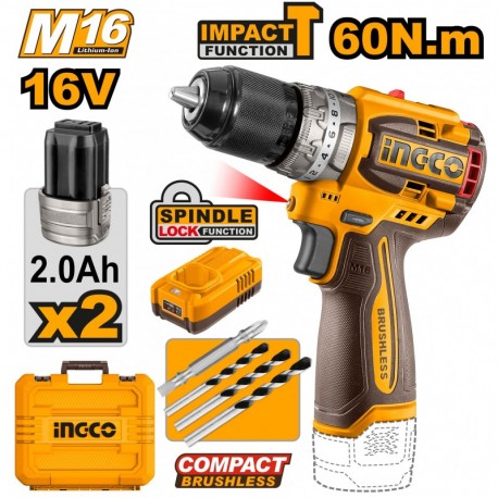 Aккумуляторный ударный шуруповерт 16V/2*2Ah 60N.m INGCO...