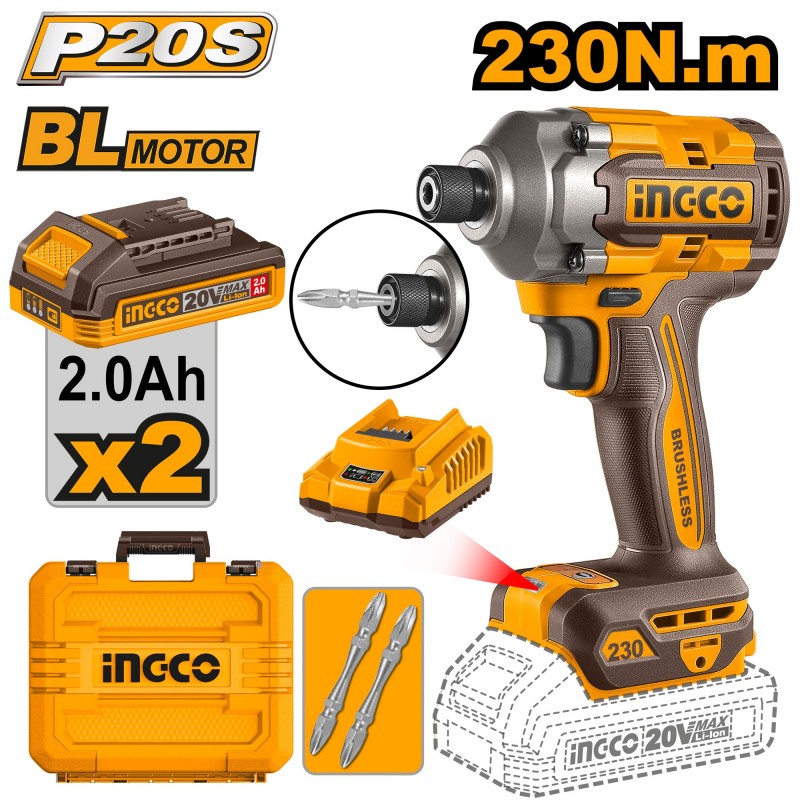 Аккумуляторный ударный винтовёрт 20V/2*2Ah 230Nm INGCO CIRLI2023