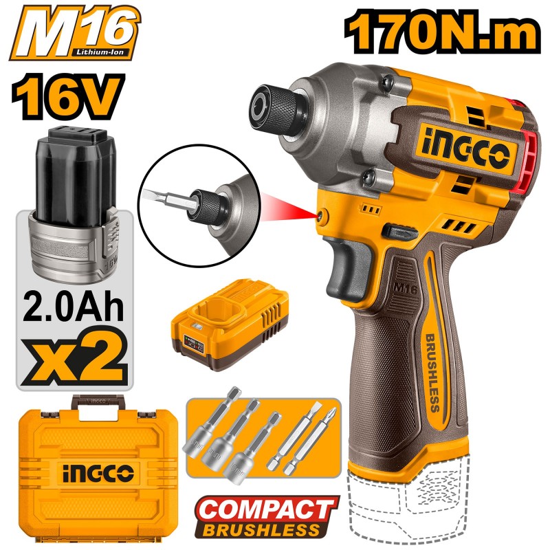 Aккумуляторный винтовёрт  Li-Ion  16V/2*2Ah 170N.m INGCO...