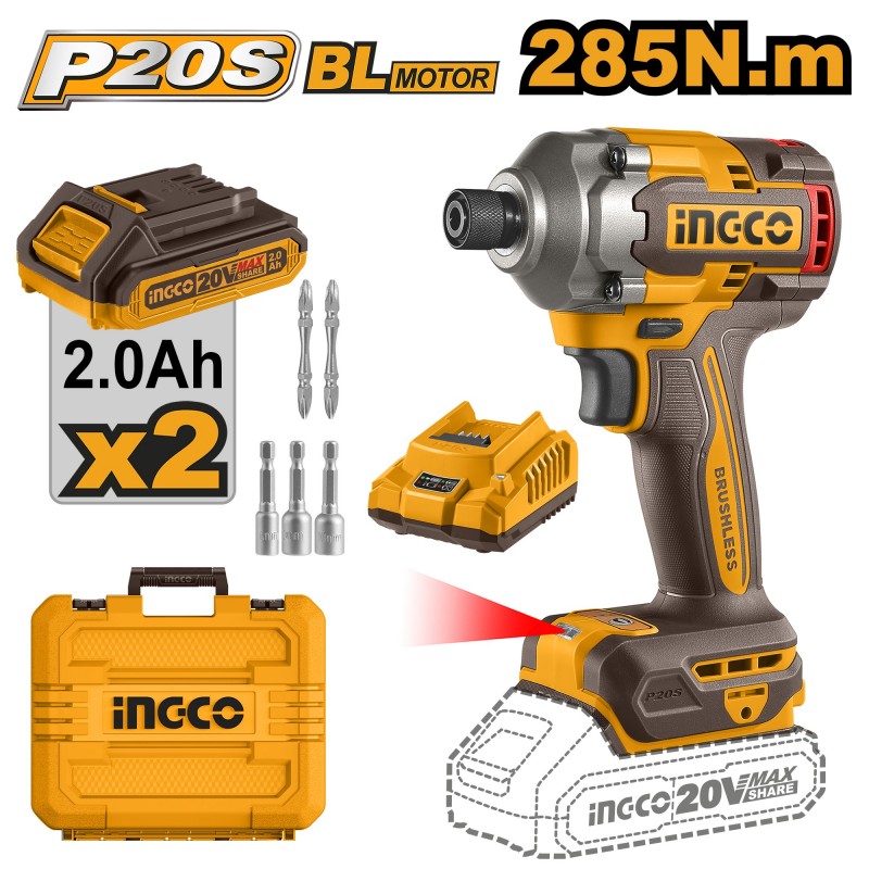 Аккумуляторный ударный винтовёрт  20V/2*2A 285Nm INGCO CIRLI2028