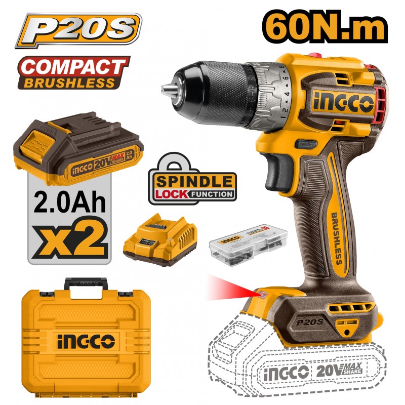 Шуруповерт бесщеточный 60 Нм 20V/2*2Ah INGCO CDLI20602